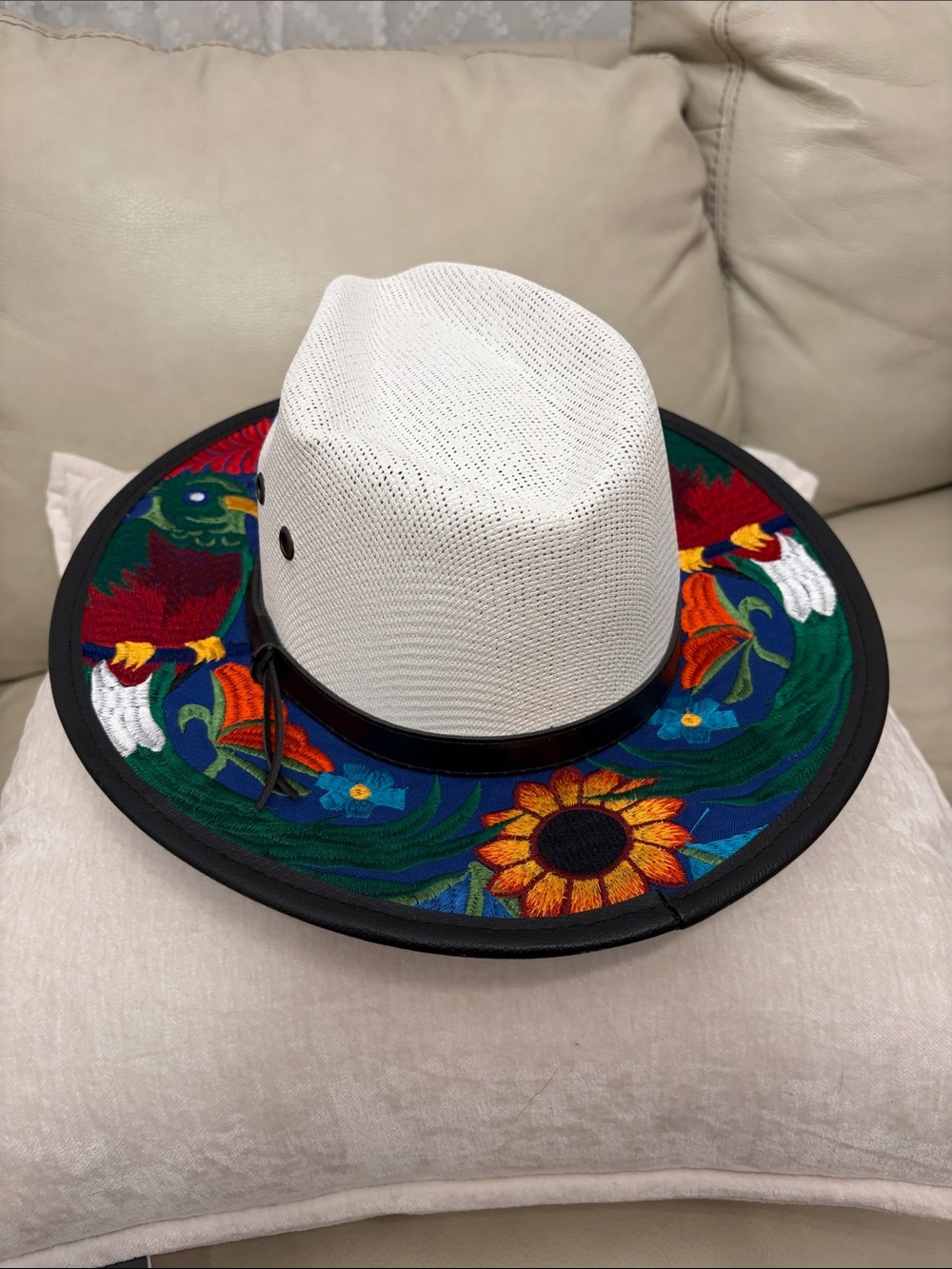 Madison White Straw Hat with Multicolor Embroidered Floral Brim